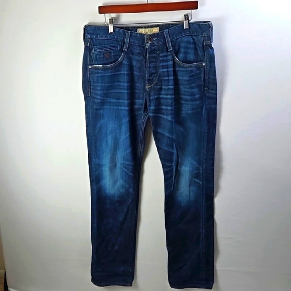Guess Men's Blue Vermont Straight Slim Jeans Sz 34